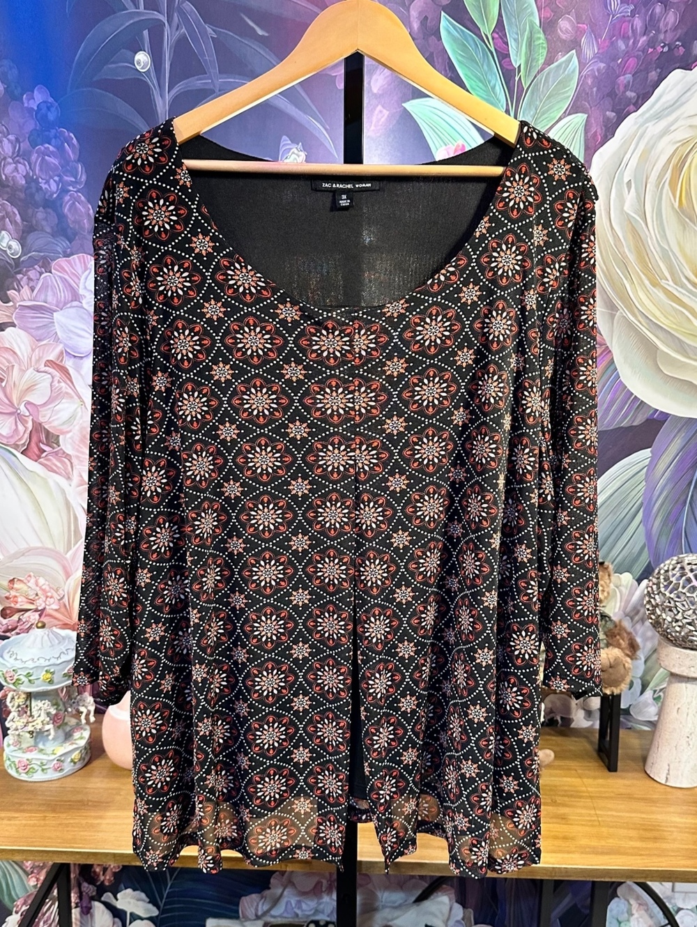 Zac & Rachel Woman 3X Stretch Tunic Floral Polyester Blend Scoop Neck Black